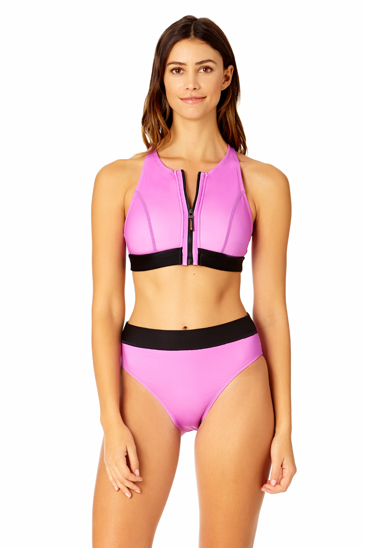 Colorblock Zip Longline Bra Swim Top Coppersuit