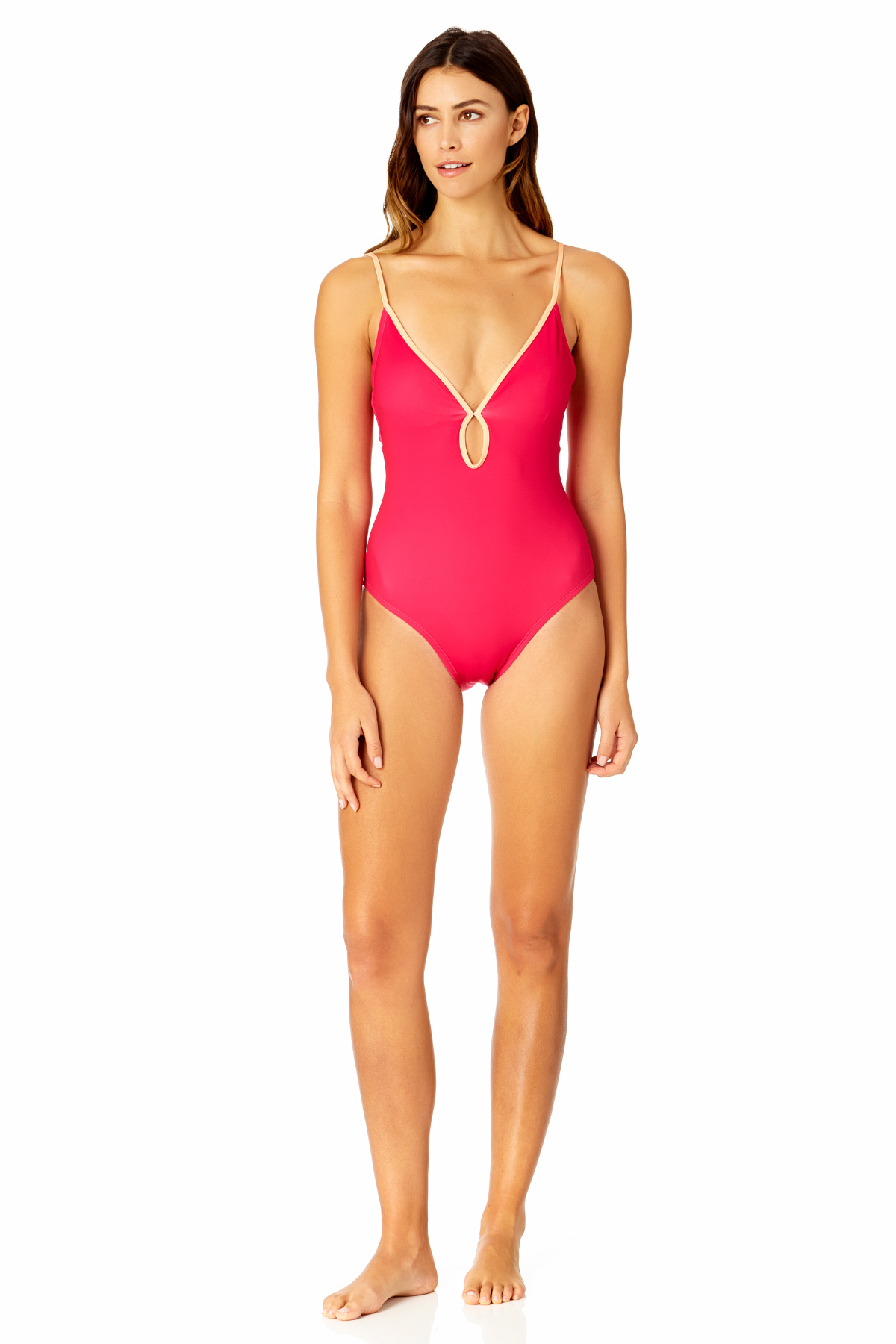 Women's Solid Piped Keyhole One Piece Swimsuit