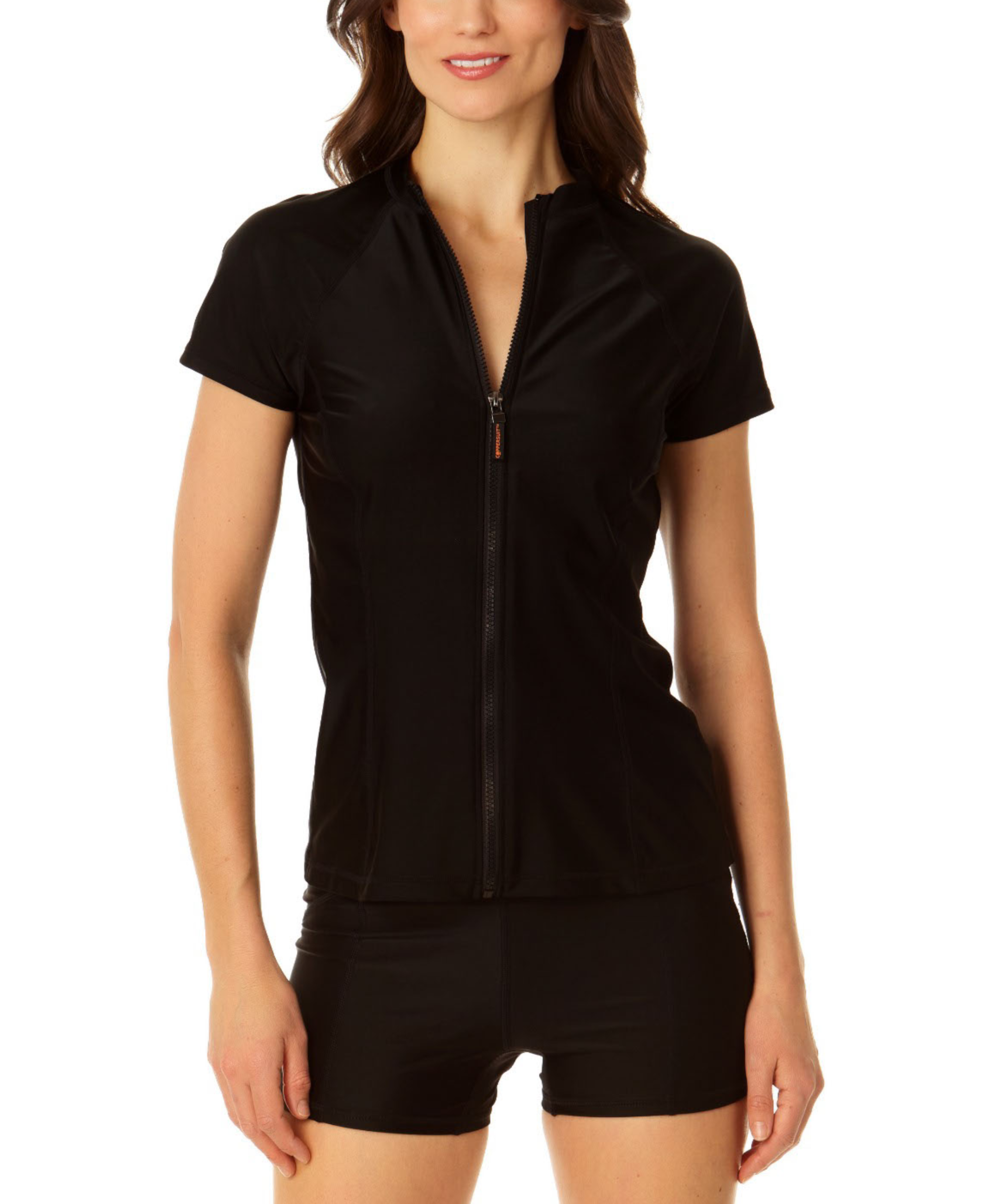 Women's Short Sleeve Zip Front Rashguard Swim Top in Black